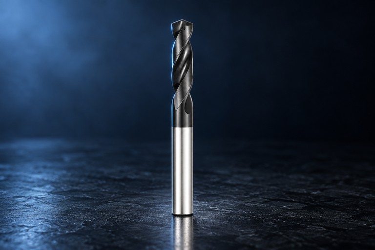 Supplied black-coated twist drill on a dark blue studio background