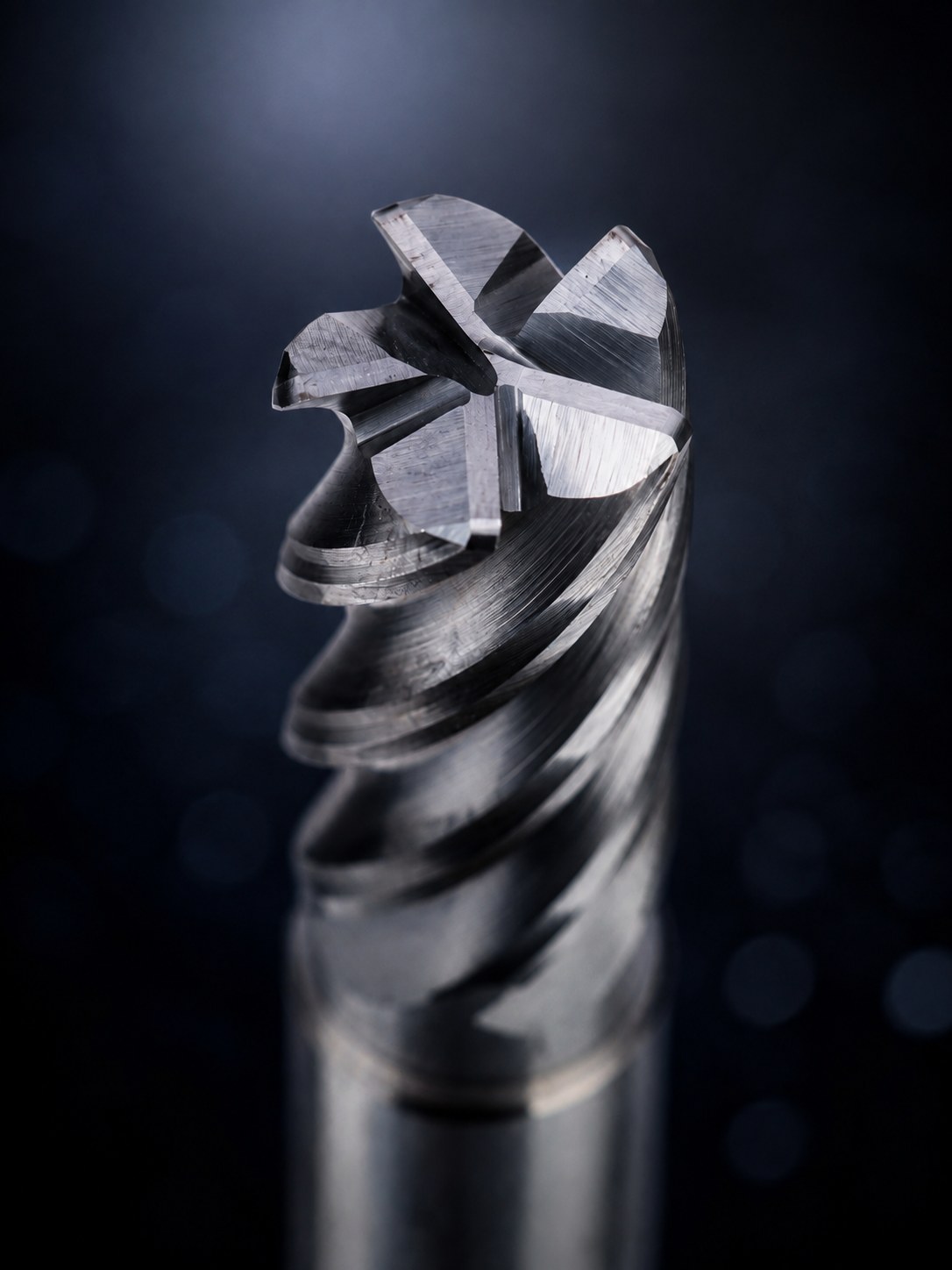 Cutting head of a Z5 solid carbide end mill: five ground edges meeting at the centre, above the flute helix