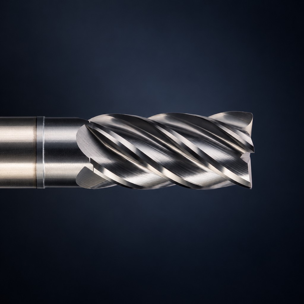 Studio close-up of the cutting head of a Z5 five-flute solid carbide end mill